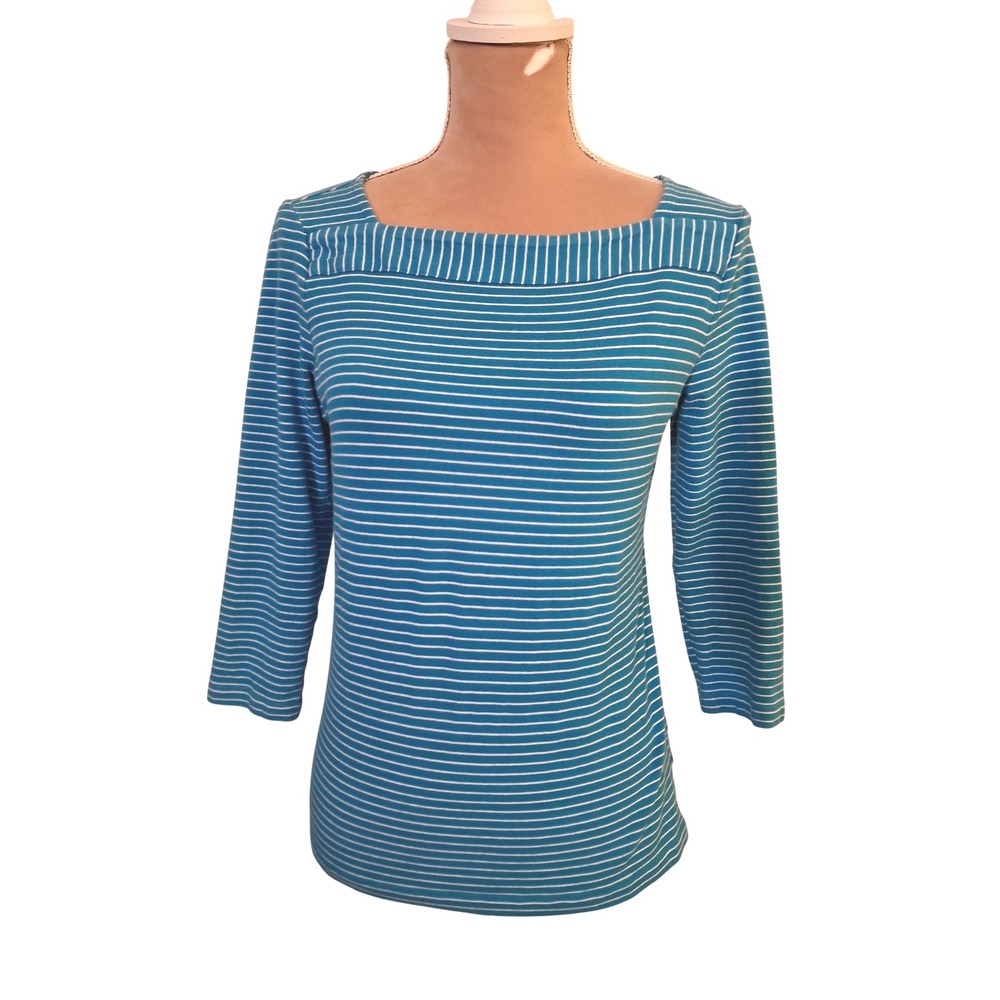 Chaps Womens Teal White Striped Boat Neck 3/4 Sleeve Top Medium Preppy Nautical
